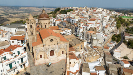 Aerial view of the church of Saints Peter and Paul in the historic center of Pisticci, in the province of Matera, Basilicata. It is a small town in southern Italy.