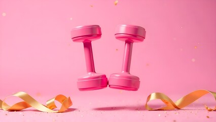 Sports dumbbells on a stylish pink background with a festive ribbon and gold sequins. Creative layout of special promotions and offers for fitness clubs and gyms