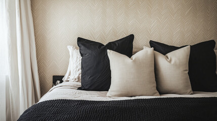 Minimalist bedroom in black and beige with beige textured wall