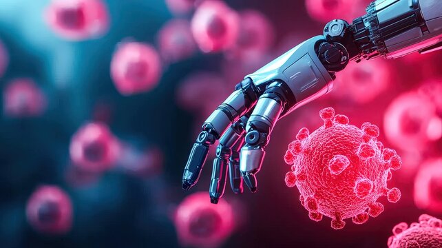 A robotic hand reaches towards colorful virus particles, symbolizing the intersection of technology and health in combating diseases.