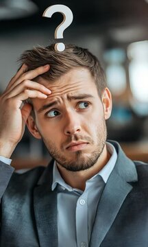 Business vertical video. Question mark above the head of a young businessman. An employee who is confused about his job. Young businessman asking questions during brainstorming.