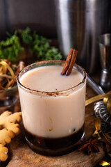 Gingerbread white russian Christmas cocktail with sweet gingerbread syrup, coffee liqueur, spices and sweet cream, in whiskey glass