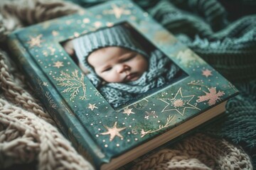Cherished memories of infants captured in a beautifully designed baby photo album for families. Generative AI