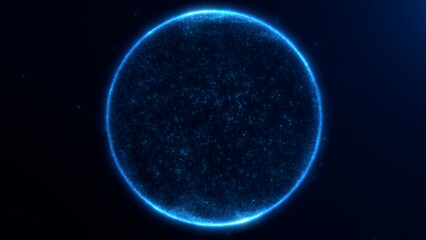 Blue glowing energy particle plasma sphere on dark abstract background. Shiny snow ball winter holidays screensaver. Dynamic fantasy magic christmass snowflakes orb.