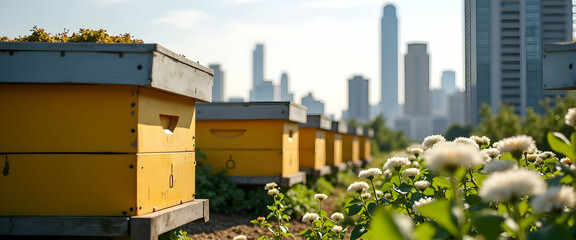 Fototapeta premium Cityscape Honey: Urban beehives thrive amidst towering skyscrapers, a testament to nature's resilience.