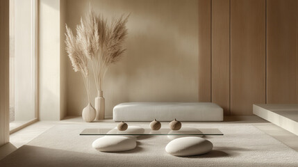 A minimalist zen-inspired room, showcasing low, pebble-shaped cushions in deep earth tones, a small rectangular glass table with elegant ornaments, surrounded by dried pampas grass in artisanal vases,