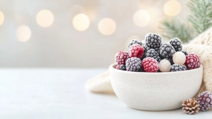 Festive winter scene with frosty berries in ceramic bowl for holiday decor