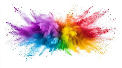 Photo colorful mixed rainbow powder explosion isolated on a white background. A colorful explosion of powdery dust is shown in the image. The colors are vibrant and the dust is scattered in a rainbow.