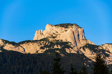 Path to the Angerstein mountain summit, Alps, Gosau, Gmunden district, Upper Austria federal state, sunny summer day, clear blue sky