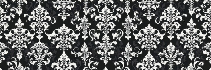 Elegant seamless damask wallpaper pattern in classic black and white color scheme, elegant, vintage, pattern