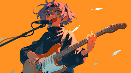 A cheerful character playing electric guitar and singing against an orange background.