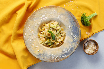 pasta with parmesan cheese presented with basil leaf