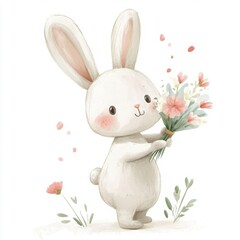 Obraz premium Cute rabbit holding flowers in a cheerful spring setting celebrating nature\'s beauty and joy
