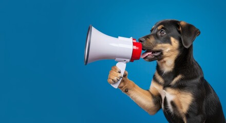Dog with white megaphone, pet or animal with announcement, blue background or talking. Domestic, cute or funny with communication, attention or promotion for news