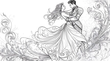 Fototapeta premium Dancing couple gracefully embraced, hand-drawn sketch, ornate flourishes, line art.. AI Generated
