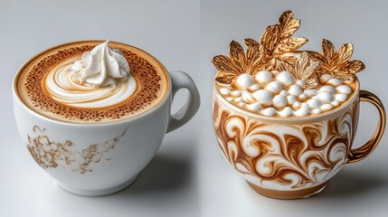 Artful coffee creations feature elaborate latte patterns that demonstrate exceptional craftsmanship and imagination on a pristine, neutral backdrop.