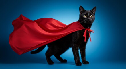Black cat with red cape, superhero or pet with costume, blue background or powerful animal. Domestic, brave or cute with hero, portrait or fun for cosplay, comic