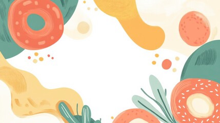 Colorful Abstract Background with Organic Shapes, Doughnuts, and Fresh Produce for Bold Designs in Food, Health, and Wellness Themes