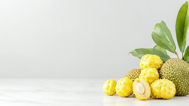 Fresh exotic marang fruit with yellow pulp segments and green leaves on a white marble table against a clean grey background.