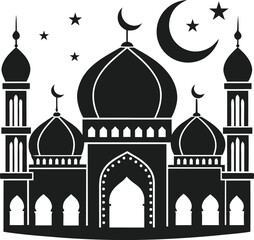 Islamic Mosque Silhouette with Crescent Moon and Stars Vector Illustration