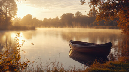 A lone rowing boat sits on a calm and peaceful lake at sunrise / sunset with mist rising from the water