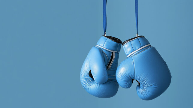 Pair of hanging blue boxing gloves representing concept of men fighting cancer and male health issues.