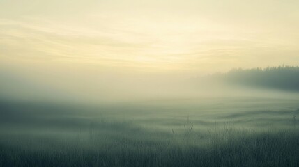 Obraz premium Misty morning meadow with soft gradients of beige and sage green, featuring rolling hills and tranquil grass fields wrapped in a gentle fog, evoking peace and connection to nature.