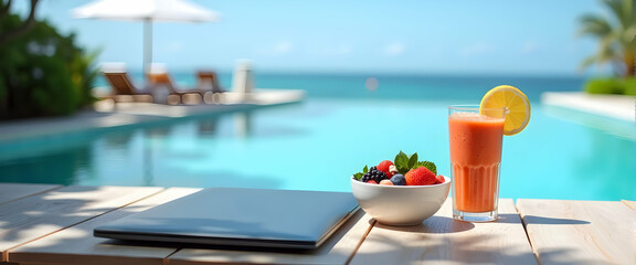 Tropical Relaxation: Laptop, smoothie, and fruit by the pool. Bliss!
