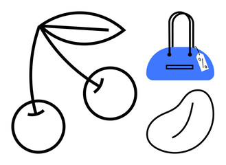 Two cherries with leaves, a blue handbag with a price tag, and a bean outline. Ideal for fashion, food, minimalist design, shopping, wellness organic products and modern art themes. Line metaphor