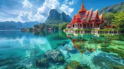 Obraz premium Mesmerizing floating Buddhist temple surrounded by a serene turquoise lake majestic mountains and lush tropical foliage in a breathtaking natural landscape in Thailand