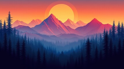 Beautiful Chrismas winter flat landscape background. Christmas forest woods with mountains. New Year winter vector landscape