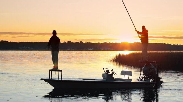 Two men fly fishing at sunrise in Beaufort, South Carolina.