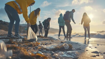 Eco volunteers cleaning beach litter in sunlight image. Group of people work together to clean up debris coastal photography scene. Plastic waste cleanup concept photorealistic photo