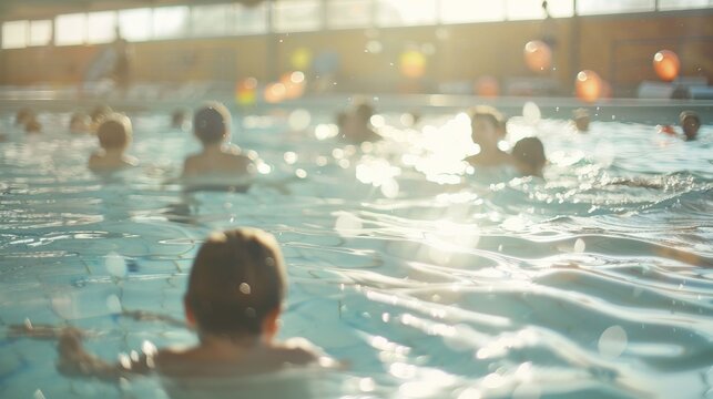 Children and adults swim in bright indoor pool with sunlight reflection image. Water ripples group swimming photography scene. Swimmingpool aquatic activity concept photorealistic photo
