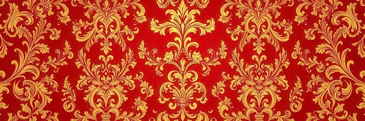 Intricately designed baroque wallpaper featuring ornate scrolls and floral motifs in rich gold and red tones, baroque, gold, scrolls