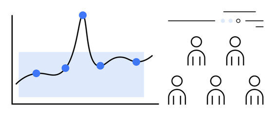 Line graph with data points and upward trend next to team icons, representing collaboration and analysis. Ideal for business strategy, data analysis, team management, reports, presentations