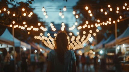 Naklejka premium Back view woman at evening market under festive string lights image. Tents, crowd, vibrant atmosphere photography scene wallpaper. Community gathering concept photorealistic photo
