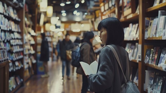 Asian woman with backpack reads book while browsing bookstore image. Casual reader bookstore shelves photography scene wallpaper. Intellectual moment concept photorealistic photo