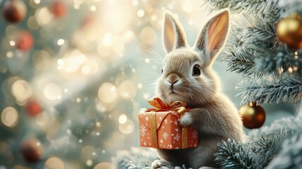 Happy lovely bunny with gift box Christmas on Chrismas tree background. Generative AI