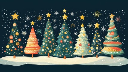 Illustration of various decorated Christmas trees with stars and ornaments, ideal for holiday design or festive themed projects.