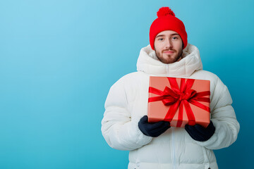 Man holding a gift box on blue background.