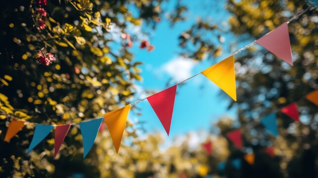 Banderole avec fanions color&Atilde;&copy;s suspendue dans les arbre pour une f&Atilde;&ordf;te