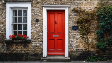 Bright red door welcomes visitors to a charming brick home with white windows, showcasing classic architecture
