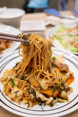 Delicious noodle dish restaurant food casual dining close-up culinary delight