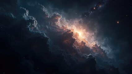 Fototapeta premium Colossal cosmic clouds swirl and glow with radiant colors, illuminated by starlight in the expanse of a distant galaxy. This stunning display captures the beauty of the universe.