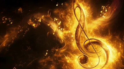 A fiery treble clef symbol blazes against a dark backdrop, surrounded by swirling music notes. Ideal for music, passion, and energy themes.. AI Generation