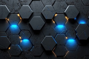 Abstract dark pattern with glowing blue and orange hexagonal shapes