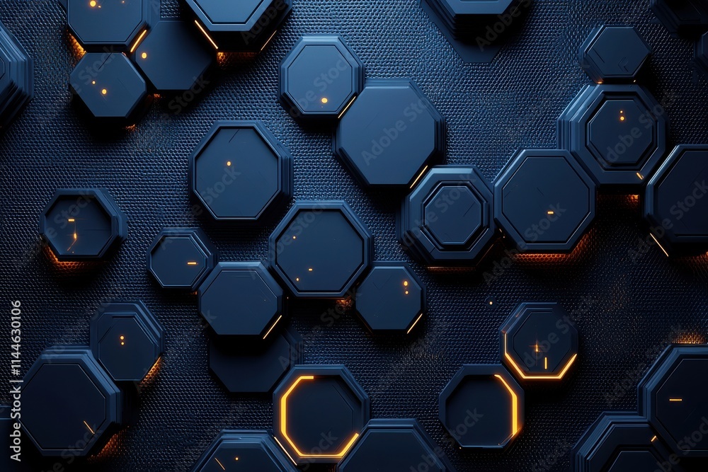 Poster futuristic interface with blue hexagonal patterns and glowing edges