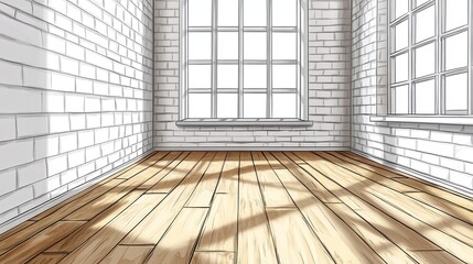 An empty room with a wooden floor and white brick walls