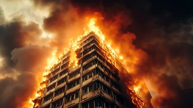 Flames engulf a tall building in a city, with firefighters working urgently to control the blaze.